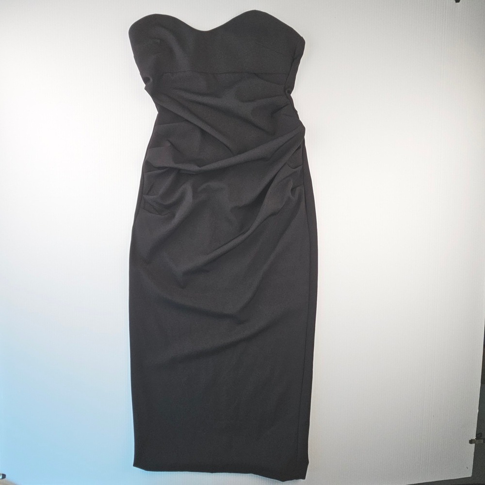 Zara Black Strapless Ruched Sweetheart Midi Dress Women Size M Cocktail Slit